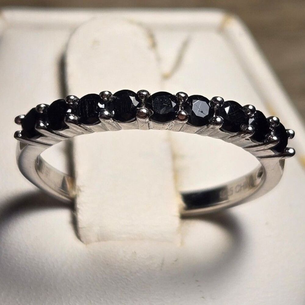 Black Stone Sparkly Stacker vintage sterling silver ring sz 8